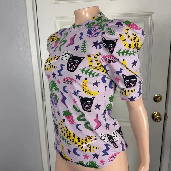 Vintage Nooworks Shirt XS Tee Floral Hastings Print Cotton Mushroom Puff top E3 - Picture 3 of 6